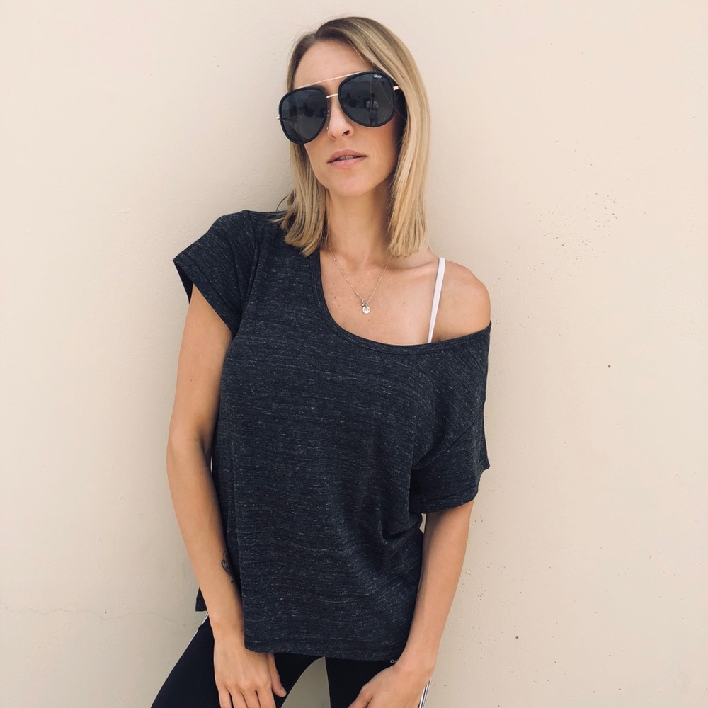 Organic off the shoulder heather grey shirt